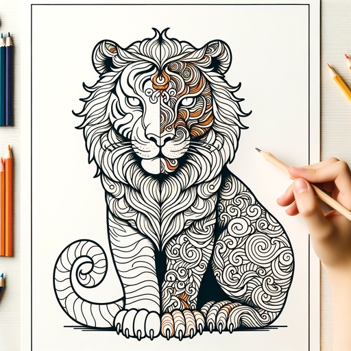 Children&#8217;s Mindful Chimeras with Tiger Head Coloring Page