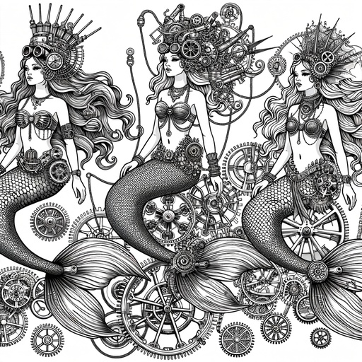 Children&#8217;s Steampunk Mermaids Coloring Page