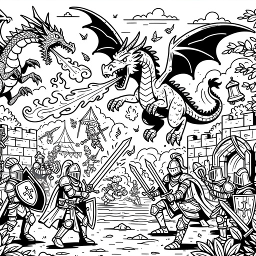 Children&#8217;s Cartoon Dragons and Knights Coloring Page