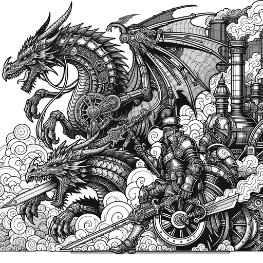 Children&#8217;s Steampunk Dragons and Knights Coloring Page