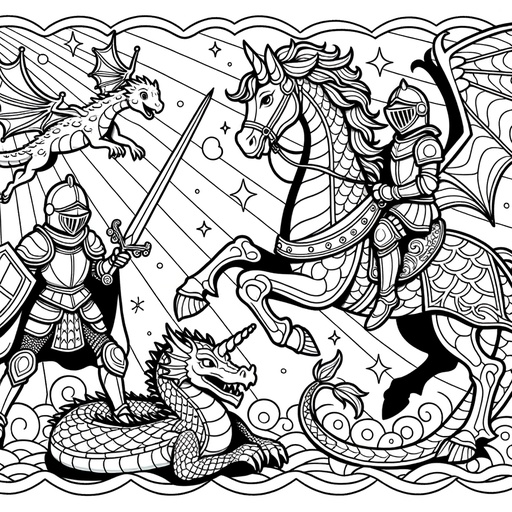 Children&#8217;s Mindful Dragons and Knights Coloring Page