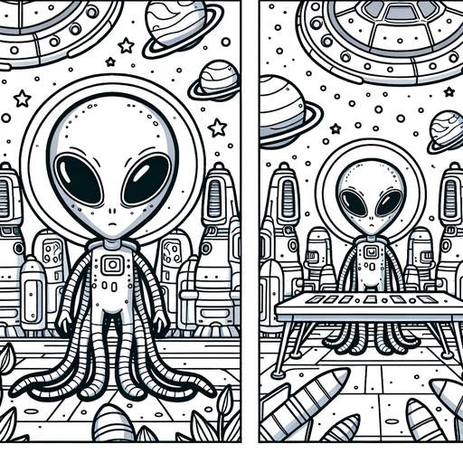 Children&#8217;s Cartoon Alien Space Scene Coloring Page