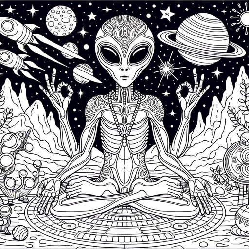 Children&#8217;s Mindful Alien Space Scene Coloring Page