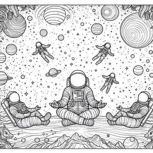 Children&#8217;s Mindful Space Scene with Astronauts Coloring Page