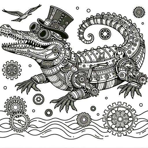 Children&#8217;s Steampunk Crocodile Coloring Page