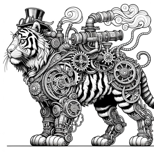 Children&#8217;s Steampunk Chimeras with Tiger Head Coloring Page