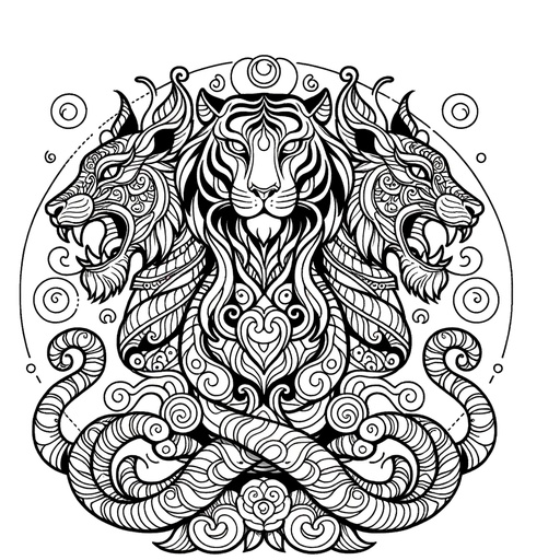 Children&#8217;s Mindful Chimeras with Tiger Head Coloring Page