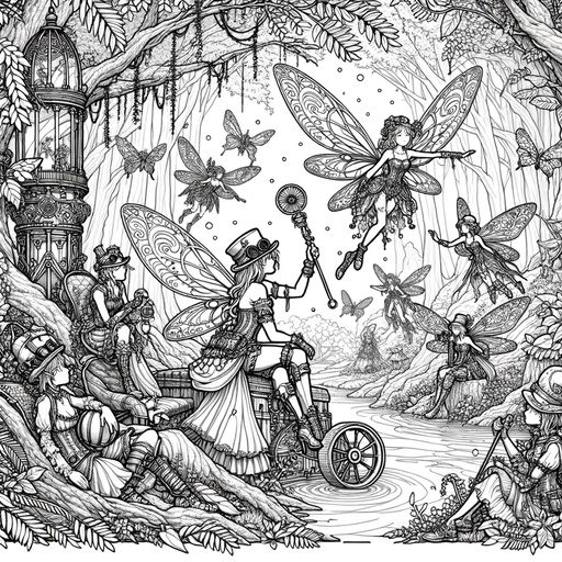 Children&#8217;s Steampunk Fairies in Magical Forests Coloring Page