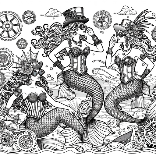 Children&#8217;s Steampunk Mermaids Coloring Page