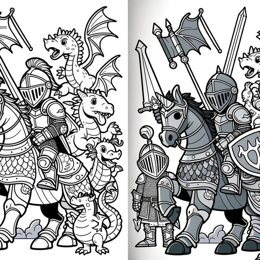 Children&#8217;s Cartoon Dragons and Knights Coloring Page