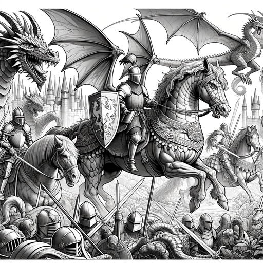 Children&#8217;s Realistic Dragons and Knights Coloring Page