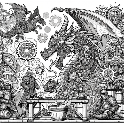 Children&#8217;s Steampunk Dragons and Knights Coloring Page