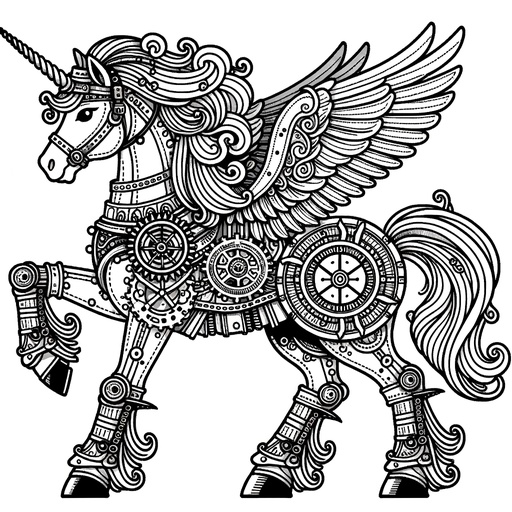 Children&#8217;s Steampunk Unicorn Coloring Page