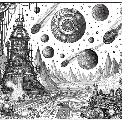 Children&#8217;s Steampunk Alien Space Scene Coloring Page