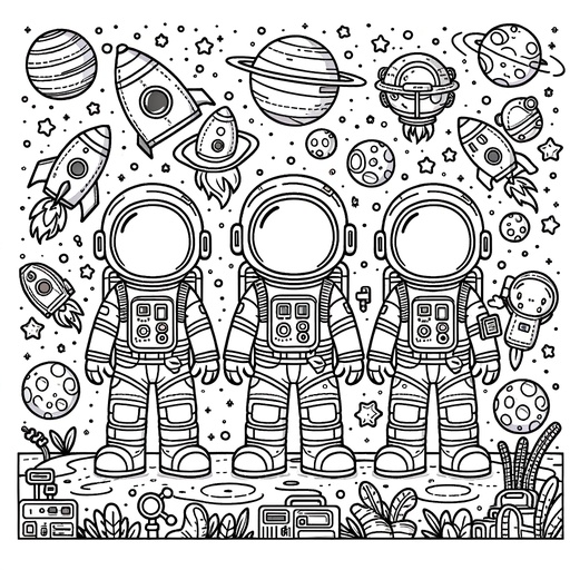 Children&#8217;s Cartoon Space Scene with Astronauts Coloring Page