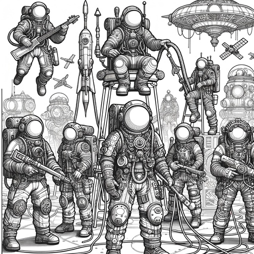 Children&#8217;s Steampunk Space Scene with Astronauts Coloring Page