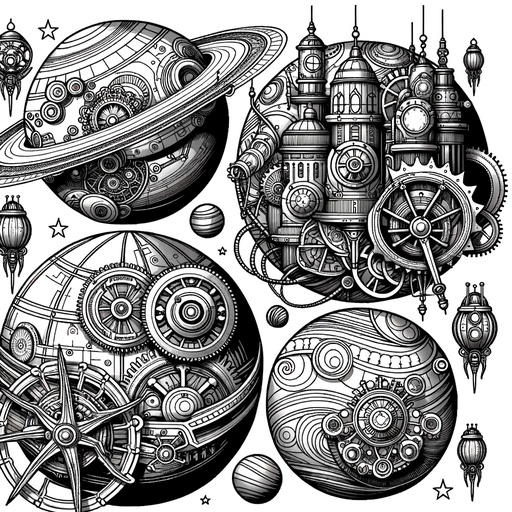 Children&#8217;s Steampunk Planets Coloring Page