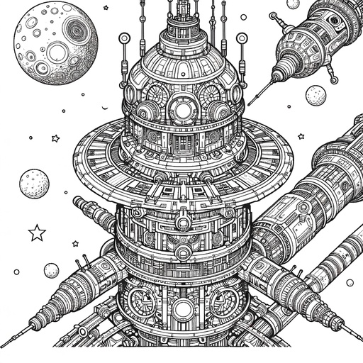 Children&#8217;s Steampunk Space Station Coloring Page