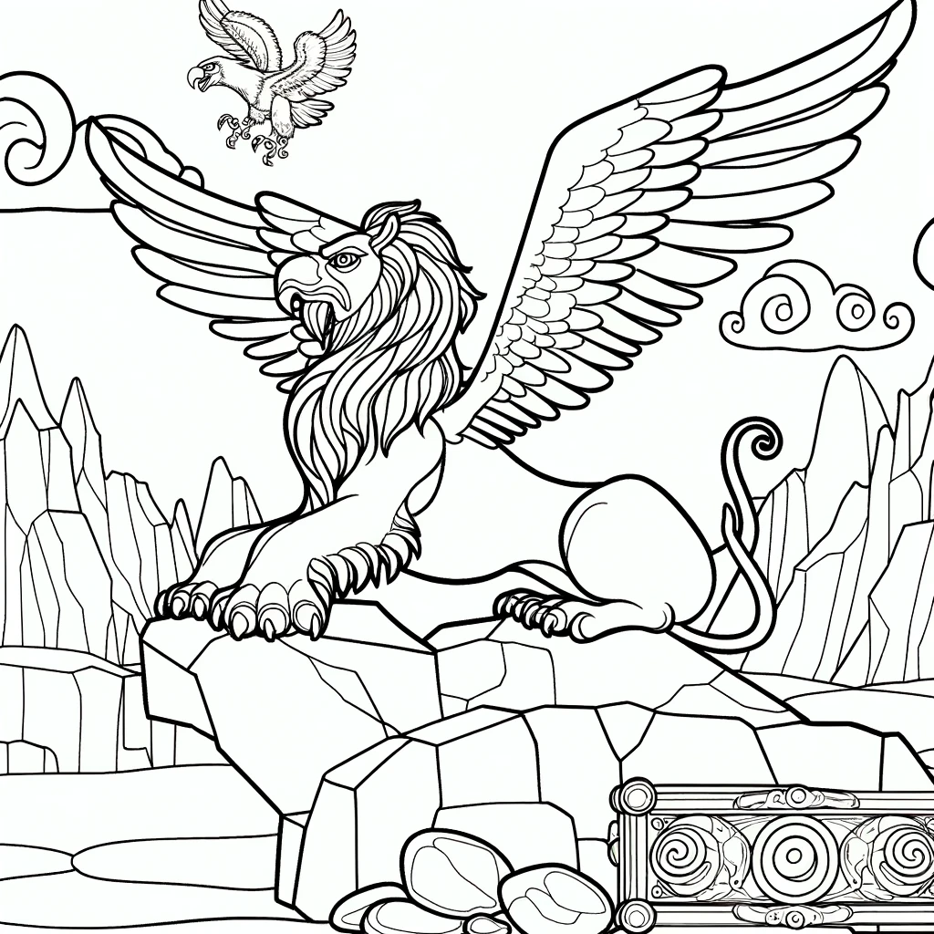 A child-friendly coloring page, featuring a Griffin in a mythical setting