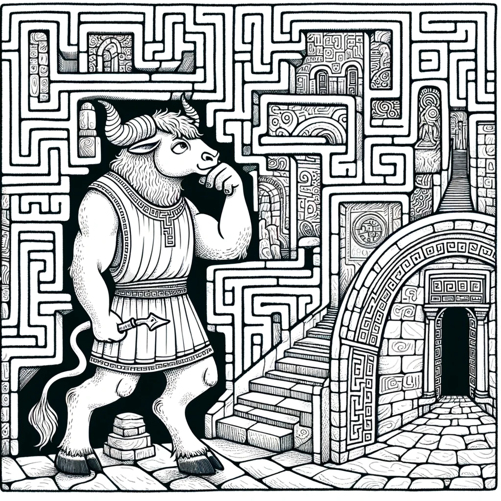 A child-friendly coloring page, featuring a Minotaur in a labyrinth setting