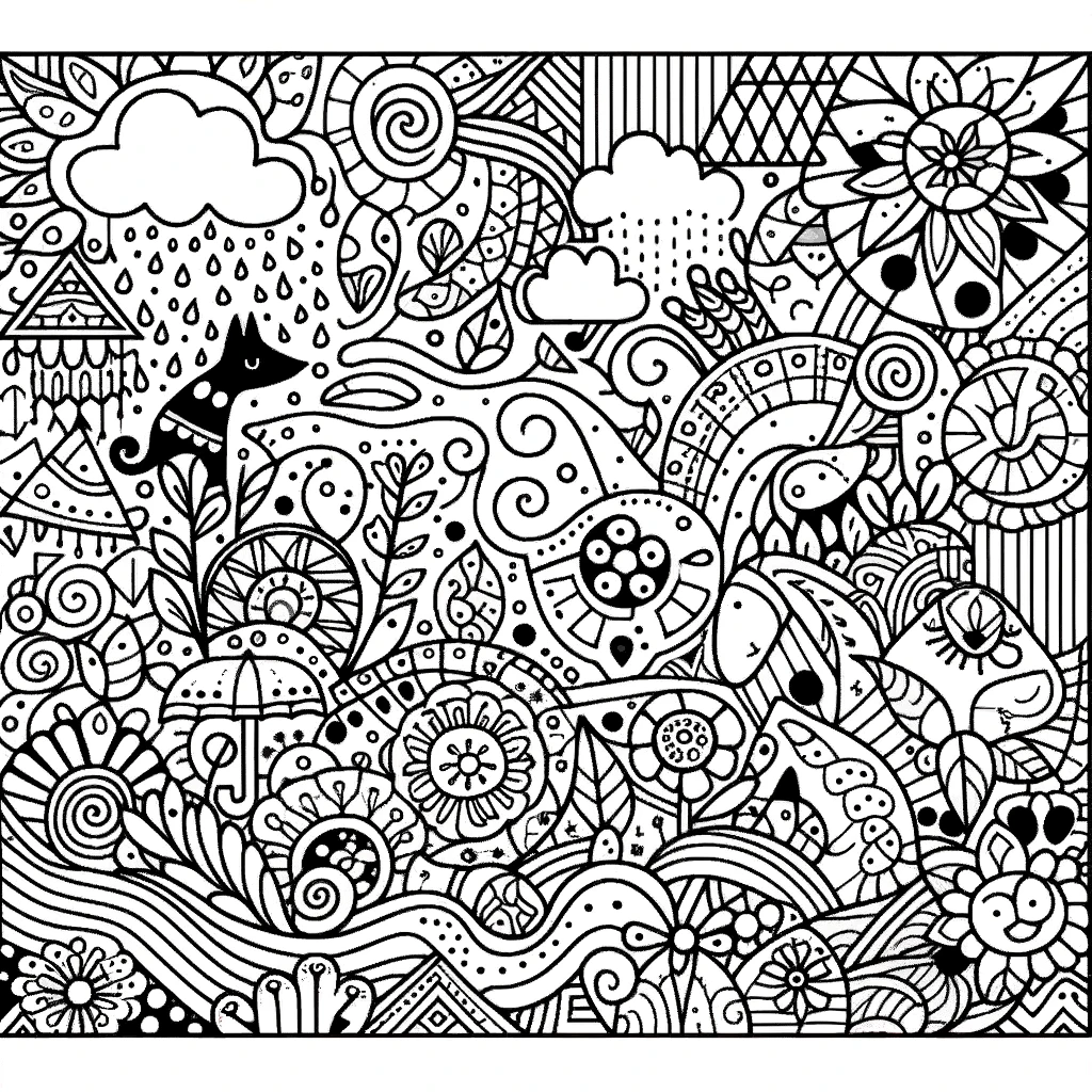 A child-friendly zentangle coloring page, featuring a whimsical and imaginative scene