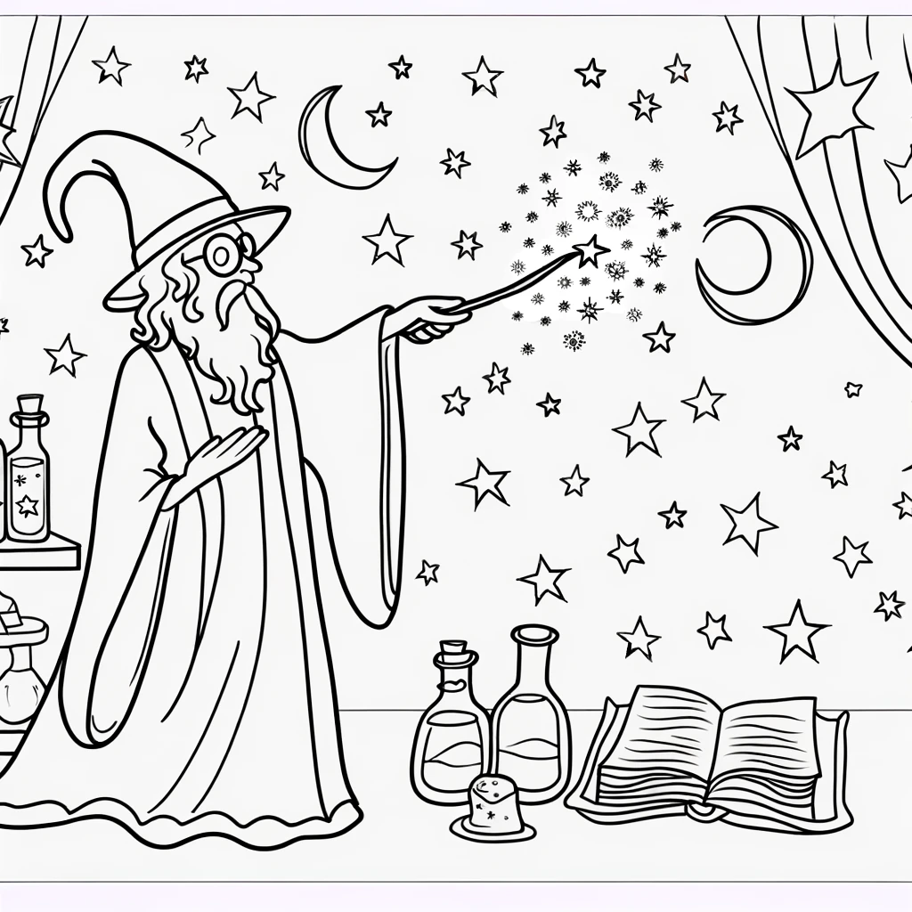 A coloring page for children of a wizard casting a spell