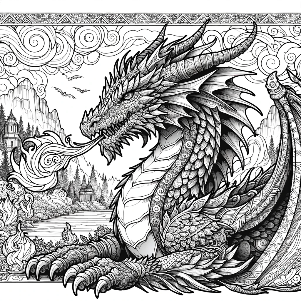 A detailed coloring page suitable for teens, featuring a dragon