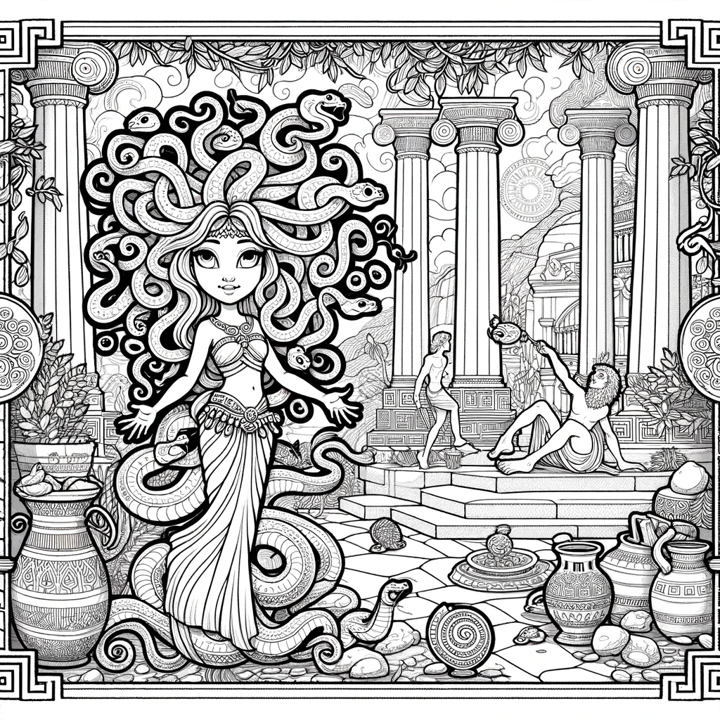 A detailed yet child-friendly line drawing coloring page, featuring Medusa in a mythical Greek setting - cartoon style