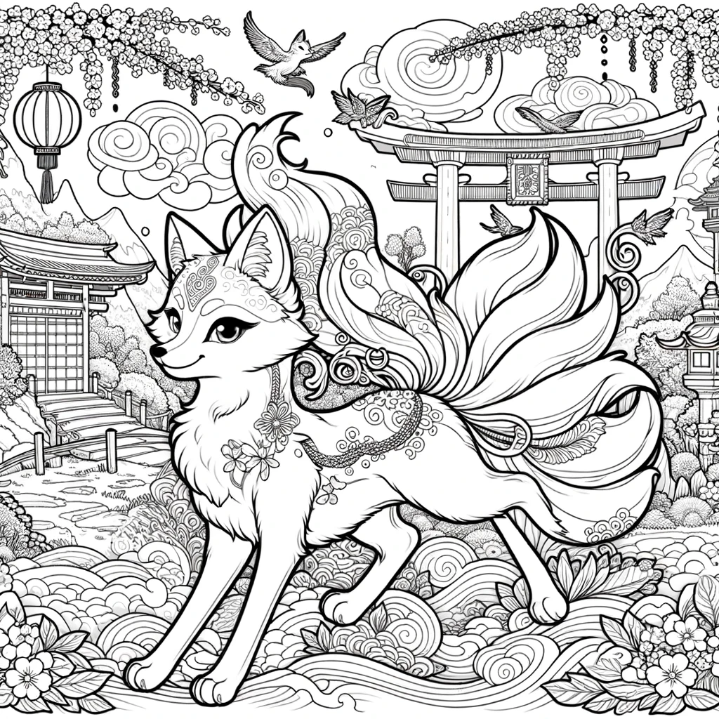 A child-friendly line drawing coloring page, featuring a Kitsune in a mystical Japanese setting