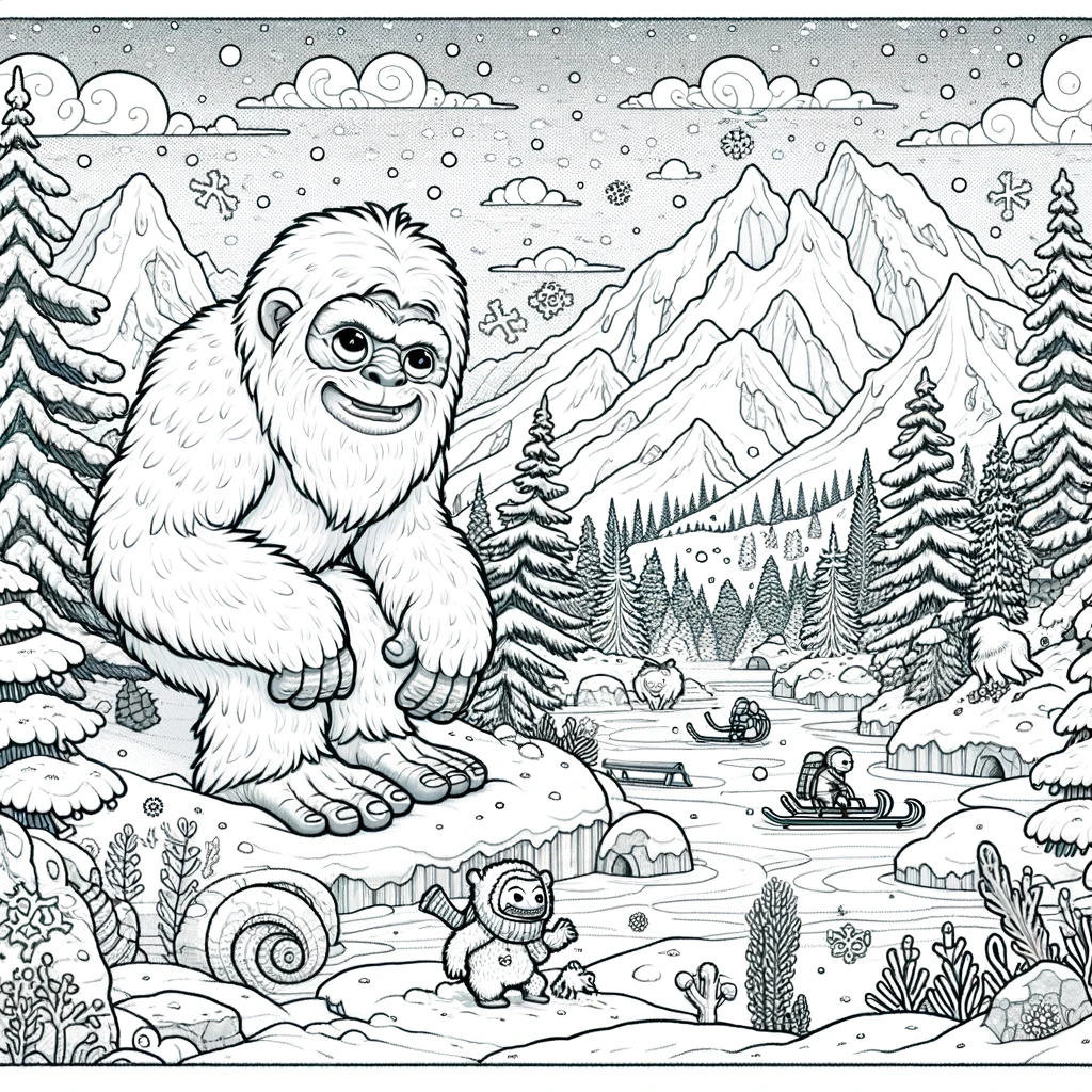 A detailed yet child-friendly line drawing coloring page, featuring a yeti in a snowy mountain setting