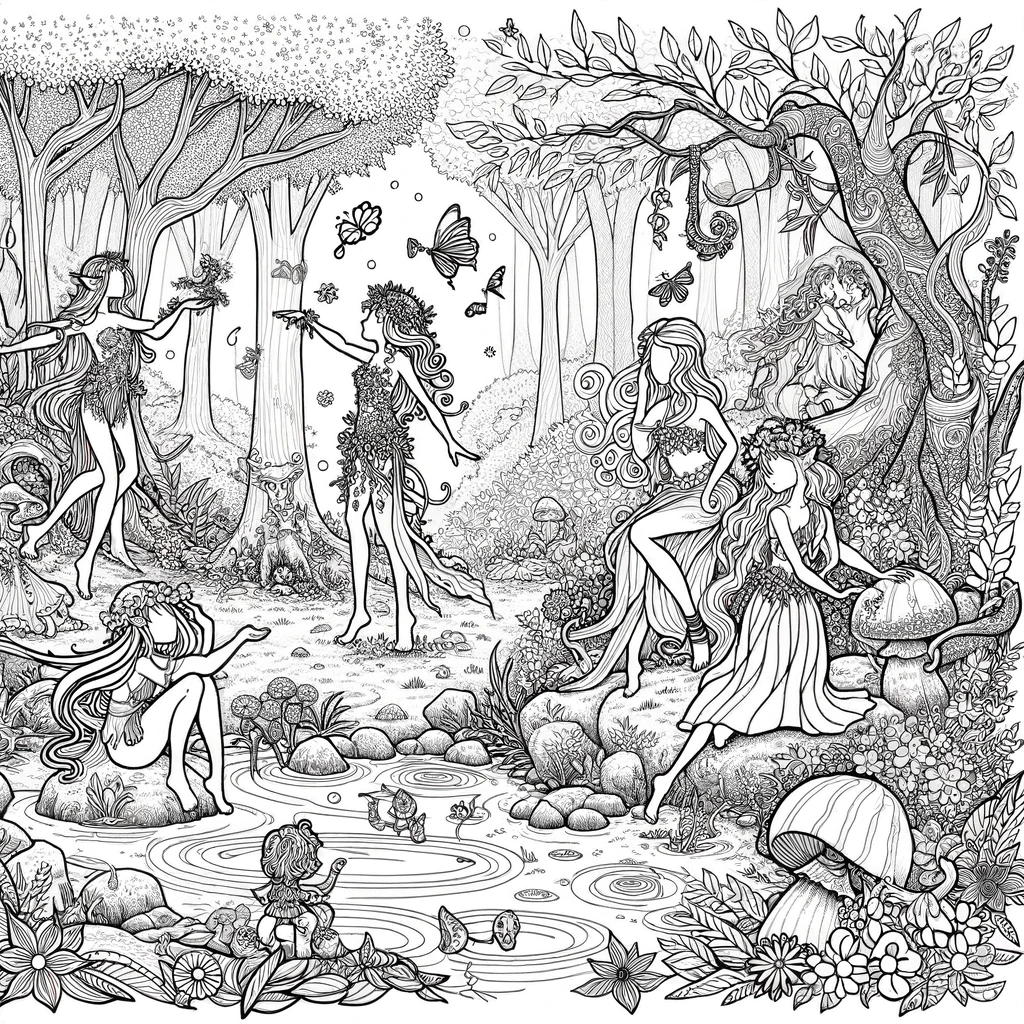 A detailed yet child-friendly line drawing coloring page, featuring nymphs in a mythical forest setting