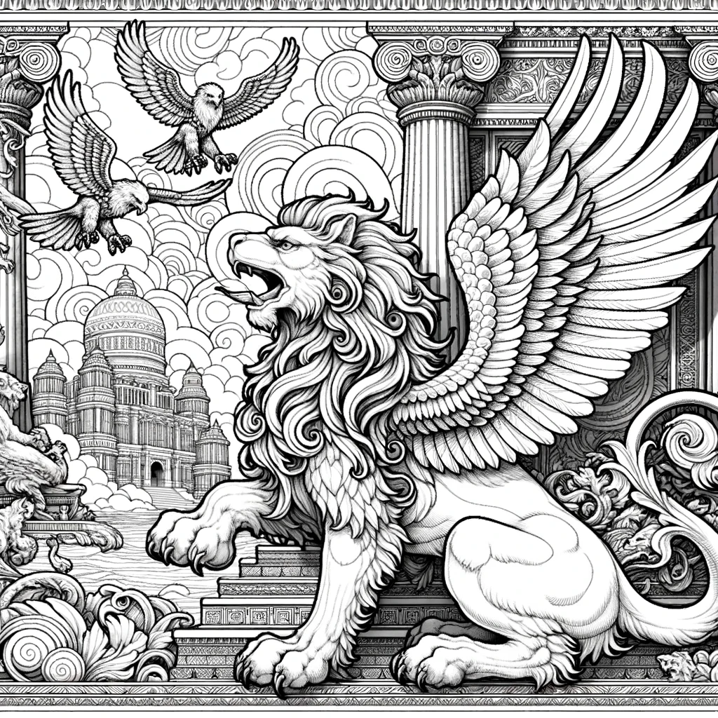 A more detailed coloring page suitable for teens, featuring a Griffin in a dynamic mythical setting