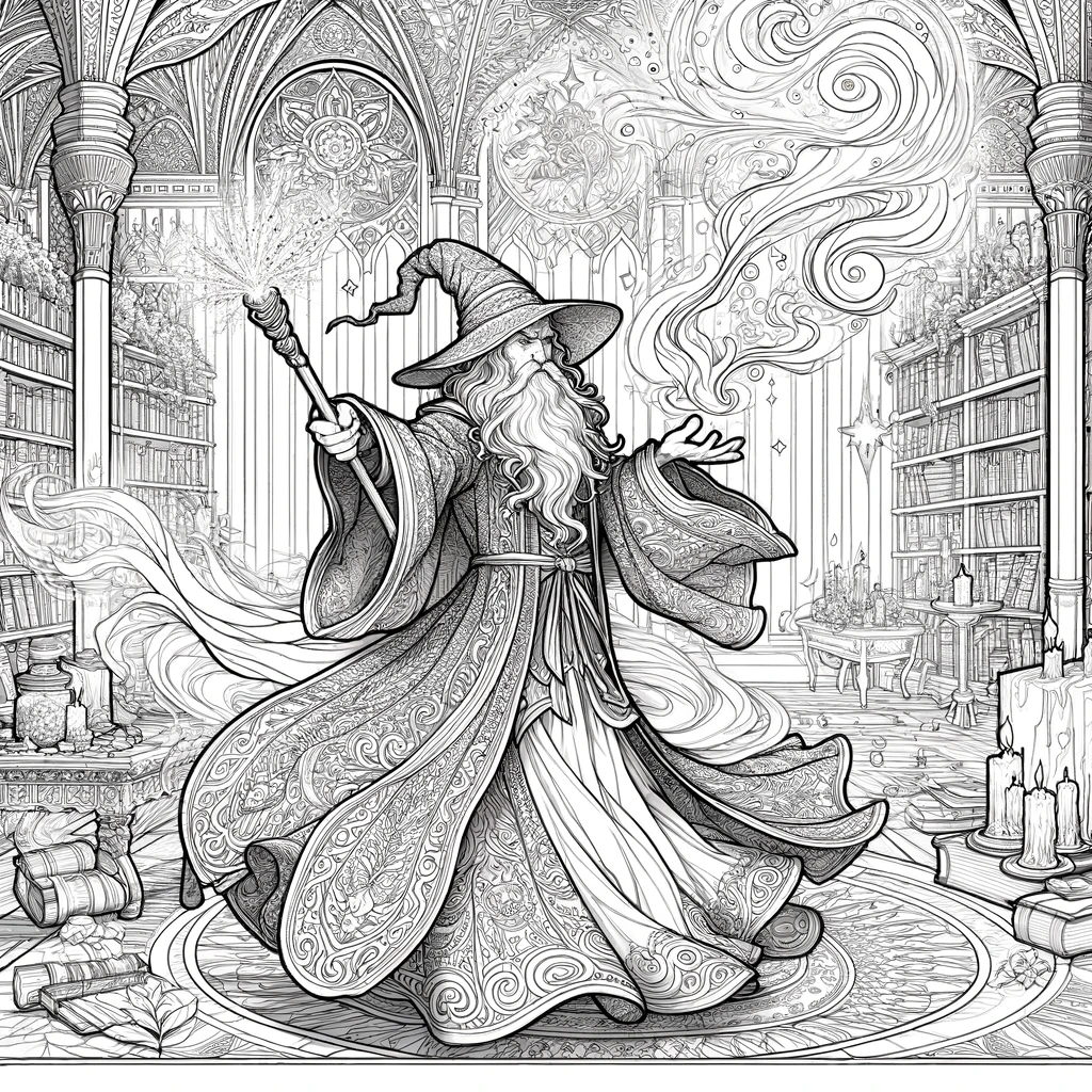 A more detailed coloring page suitable for teens, featuring a wizard in a dynamic magical setting