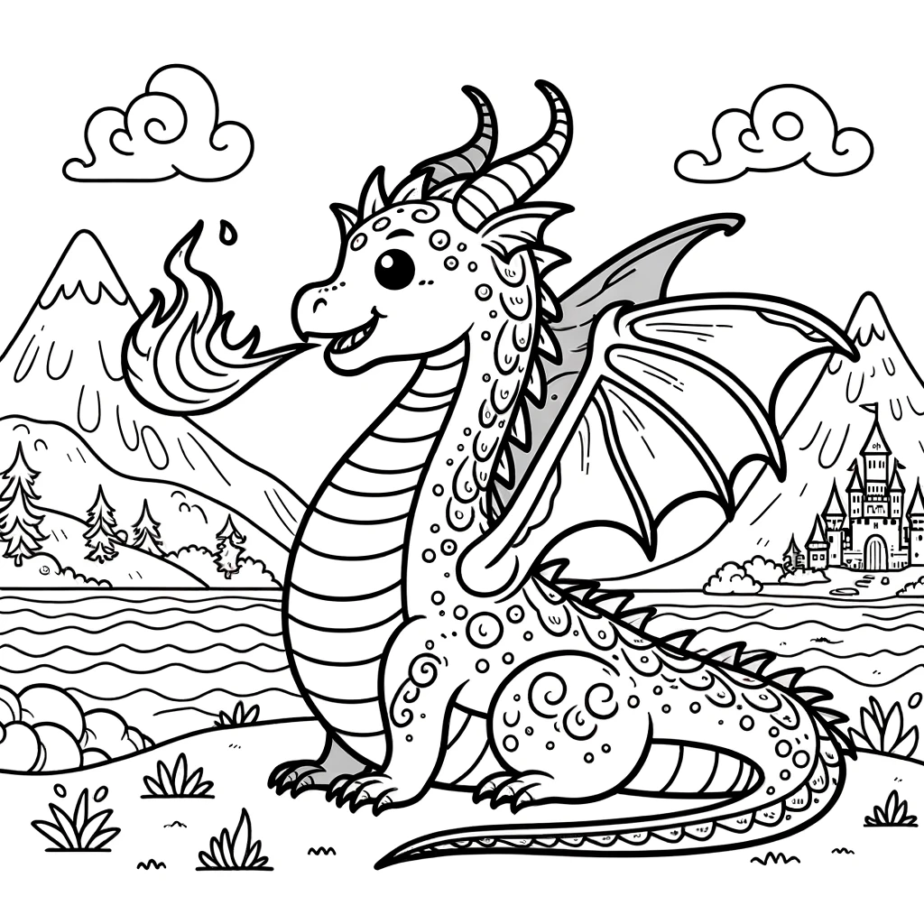 A simple coloring page for children, featuring a dragon