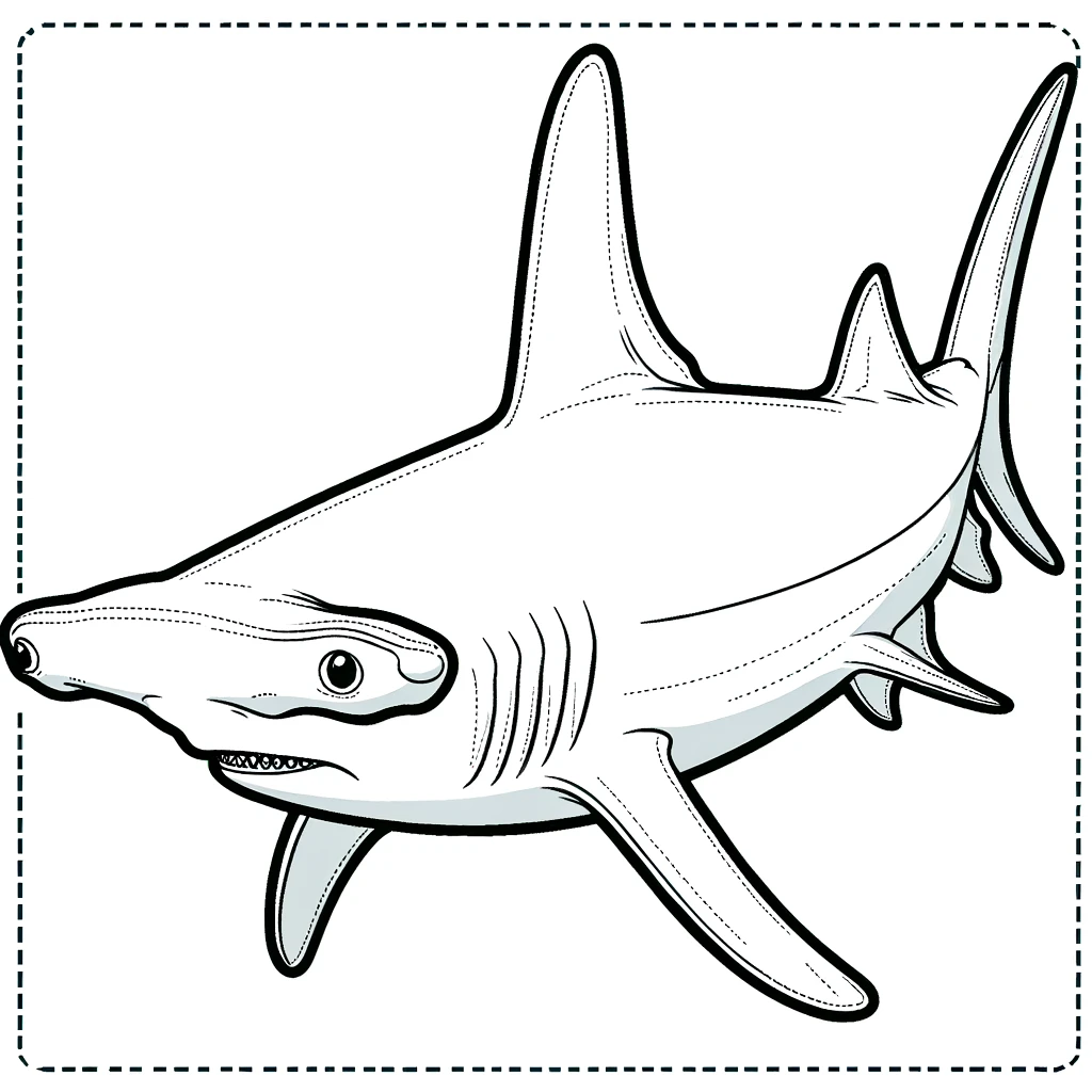 A simple line drawing coloring page for children, featuring a hammerhead shark