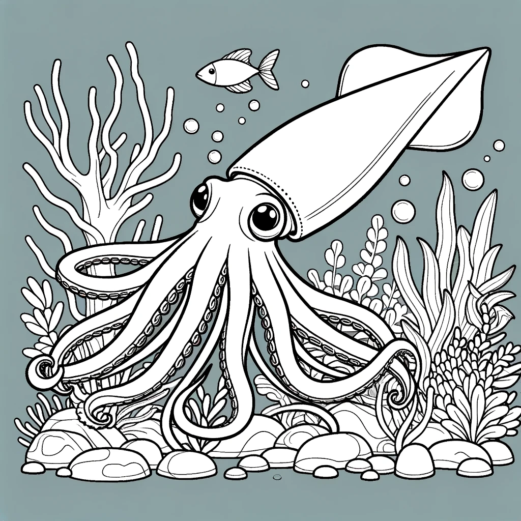 A simple line drawing coloring page for children, featuring a scene with giant squid in an underwater environment