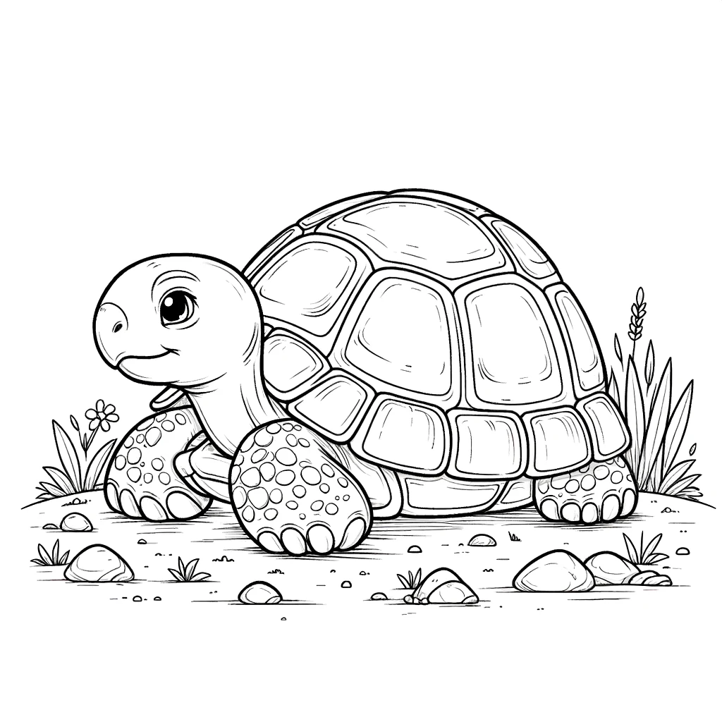 A simple line drawing coloring page for children, featuring a tortoise in its natural habitat