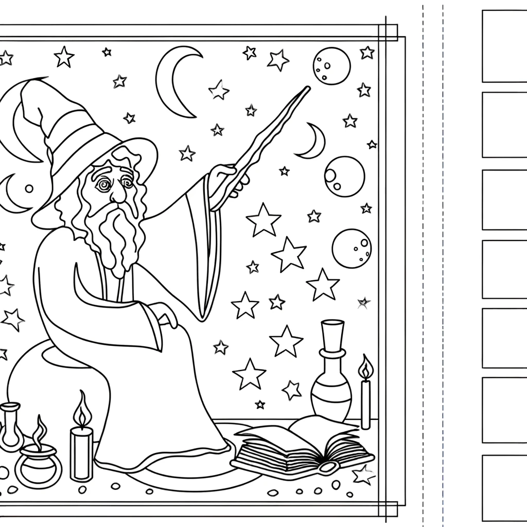 A simple line drawing coloring page for children, featuring a wizard in a whimsical setting. The wizard should be illustrated in a realistic style