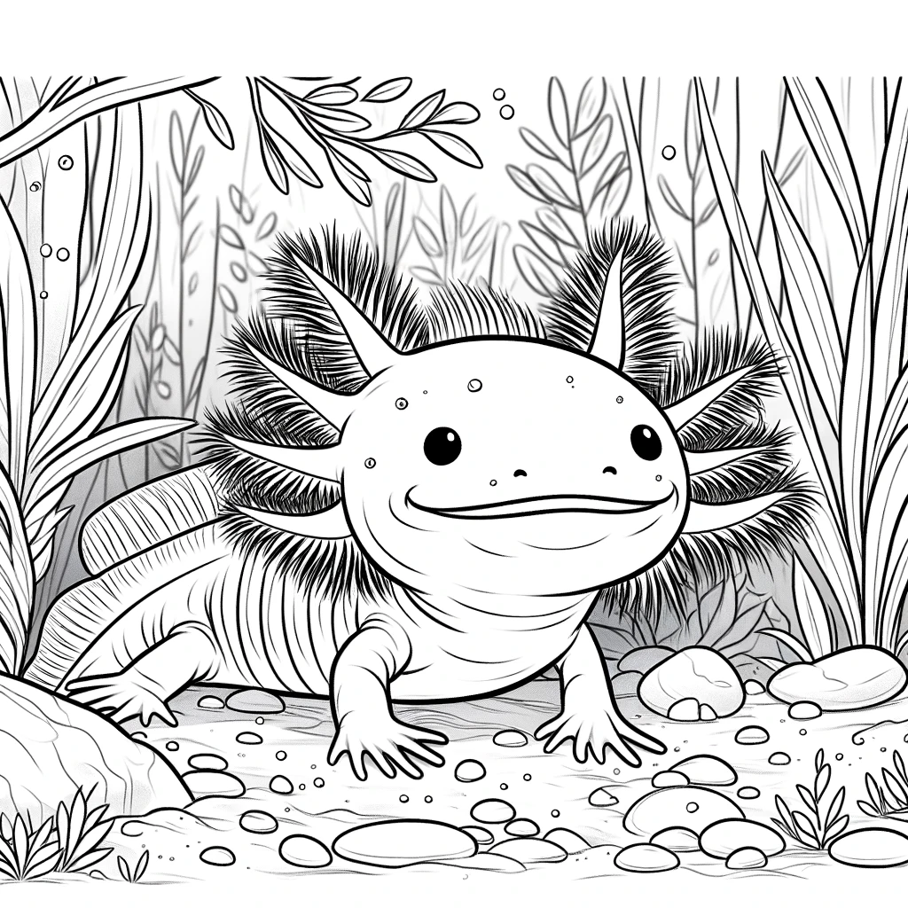 A simple line drawing coloring page for children, featuring an axolotl in its natural aquatic habitat