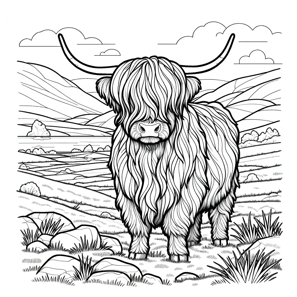 A simple line drawing coloring page for children, featuring highland cattle in their natural habitat