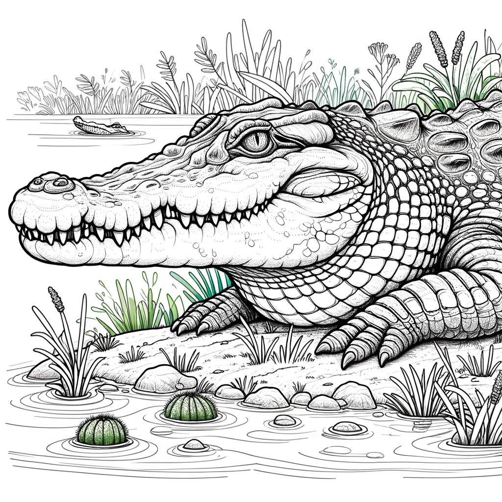 A slightly detailed line drawing coloring page for children, featuring a crocodile in a natural setting