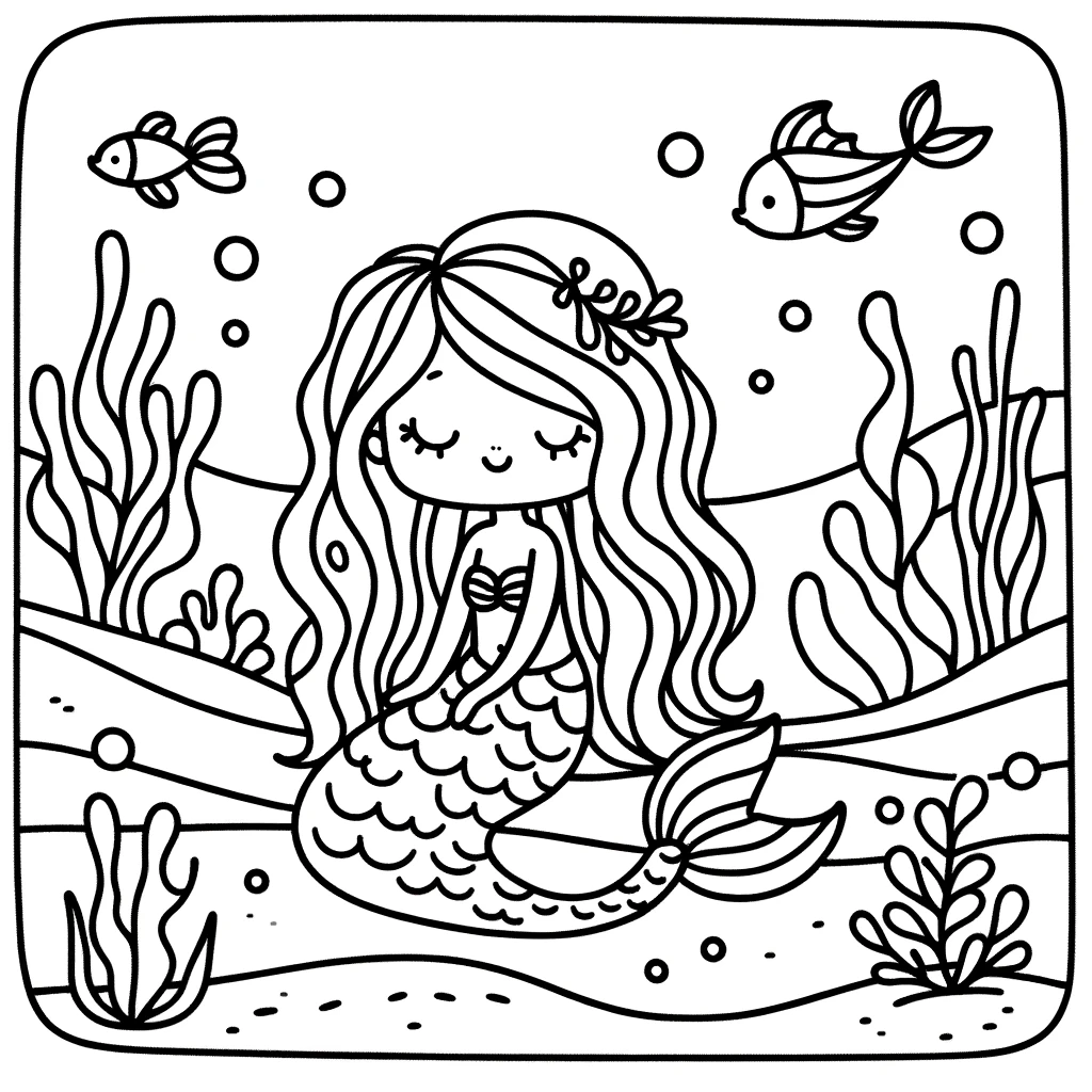 A very simple coloring page for toddlers, featuring a scene with mermaids in an underwater setting