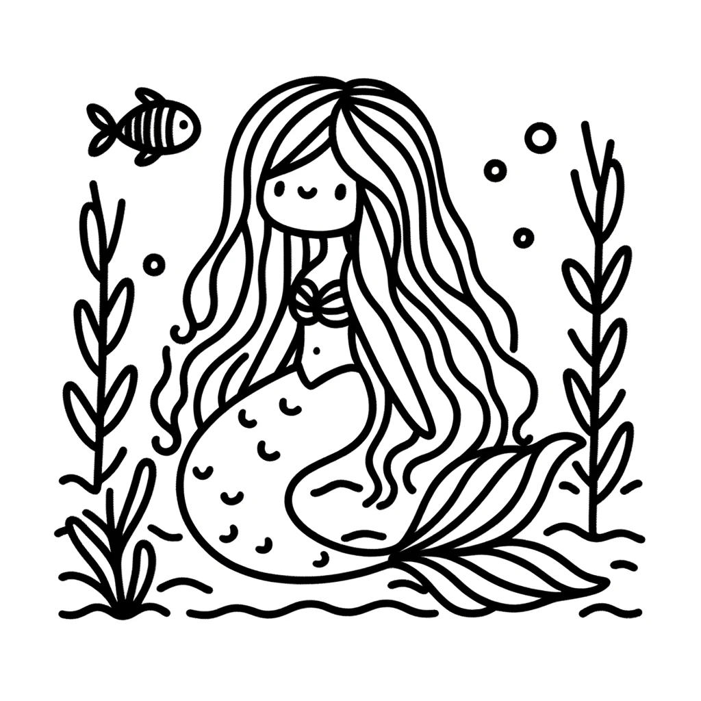 A very simple line drawing coloring page for toddlers, featuring a mermaid