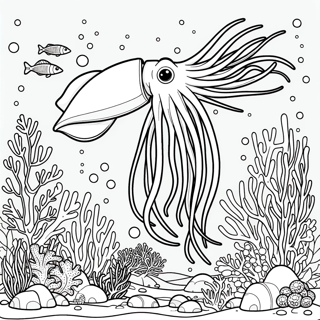 Simple line drawing coloring page for children, featuring a scene with giant squid in an underwater environment