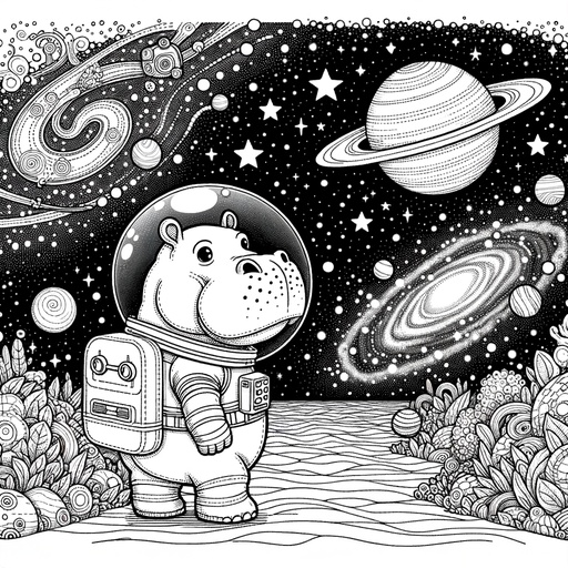 Children&#8217;s Hippopotamus in Space Coloring Page