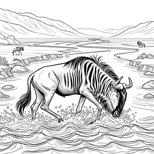 Children&#8217;s Wildebeest in Nature Coloring Page