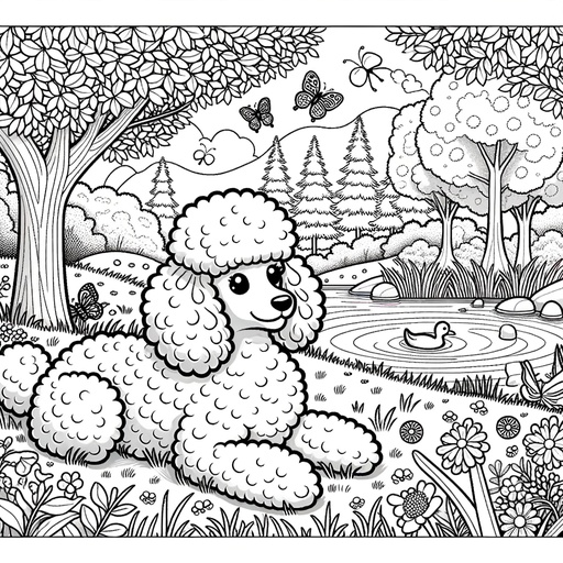 Children&#8217;s Poodle in Nature Coloring Page