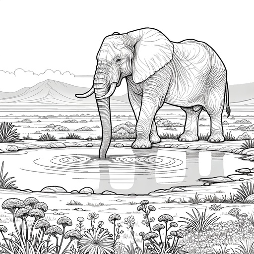 Children&#8217;s African Elephant in Nature Coloring Page
