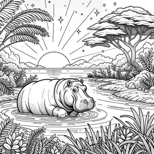 Children&#8217;s Hippopotamus in Nature Coloring Page