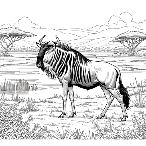 Children&#8217;s Wildebeest in Nature Coloring Page